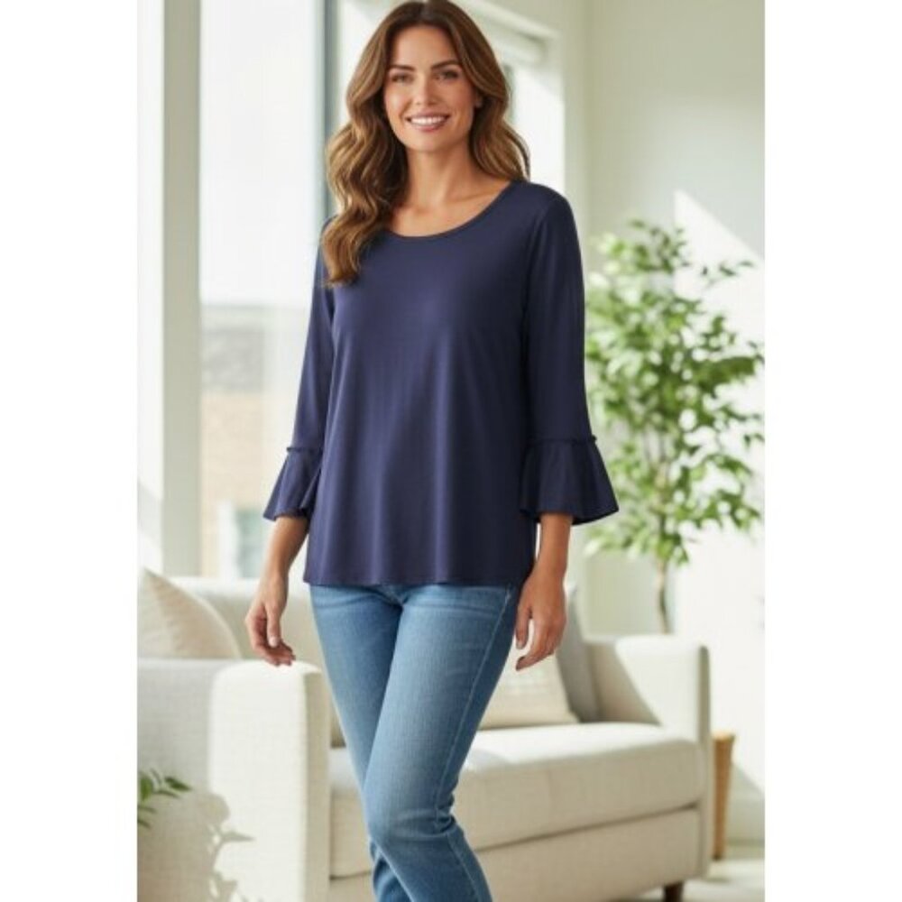 APT 9 Navy Blue Flounce Sleeve Pullover Top ladies LARGE
